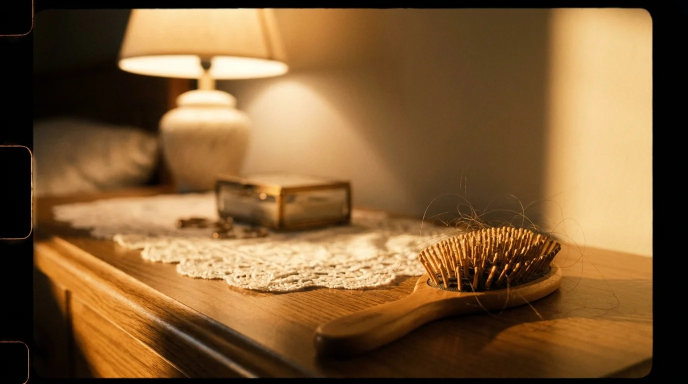A wooden hairbrush with several strands of hair sits on a white lace runner under warm, golden evening light.