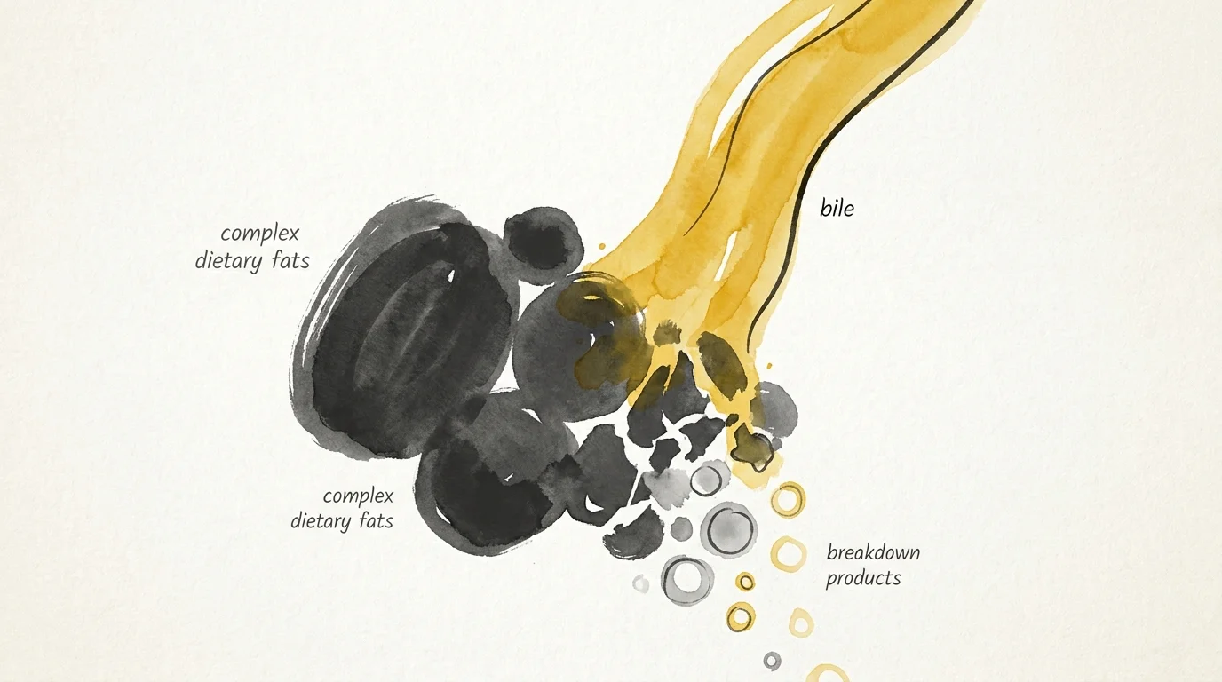 Abstract illustration showing a golden fluid breaking down heavy grey shapes into smaller circles on a white textured background.