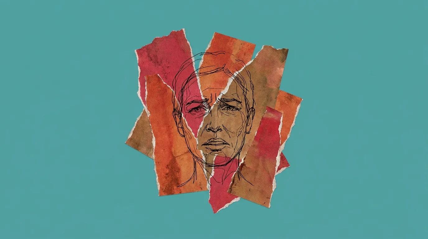 An abstract collage of jagged red and orange shapes over a weary face, symbolizing mood swings and irritability.