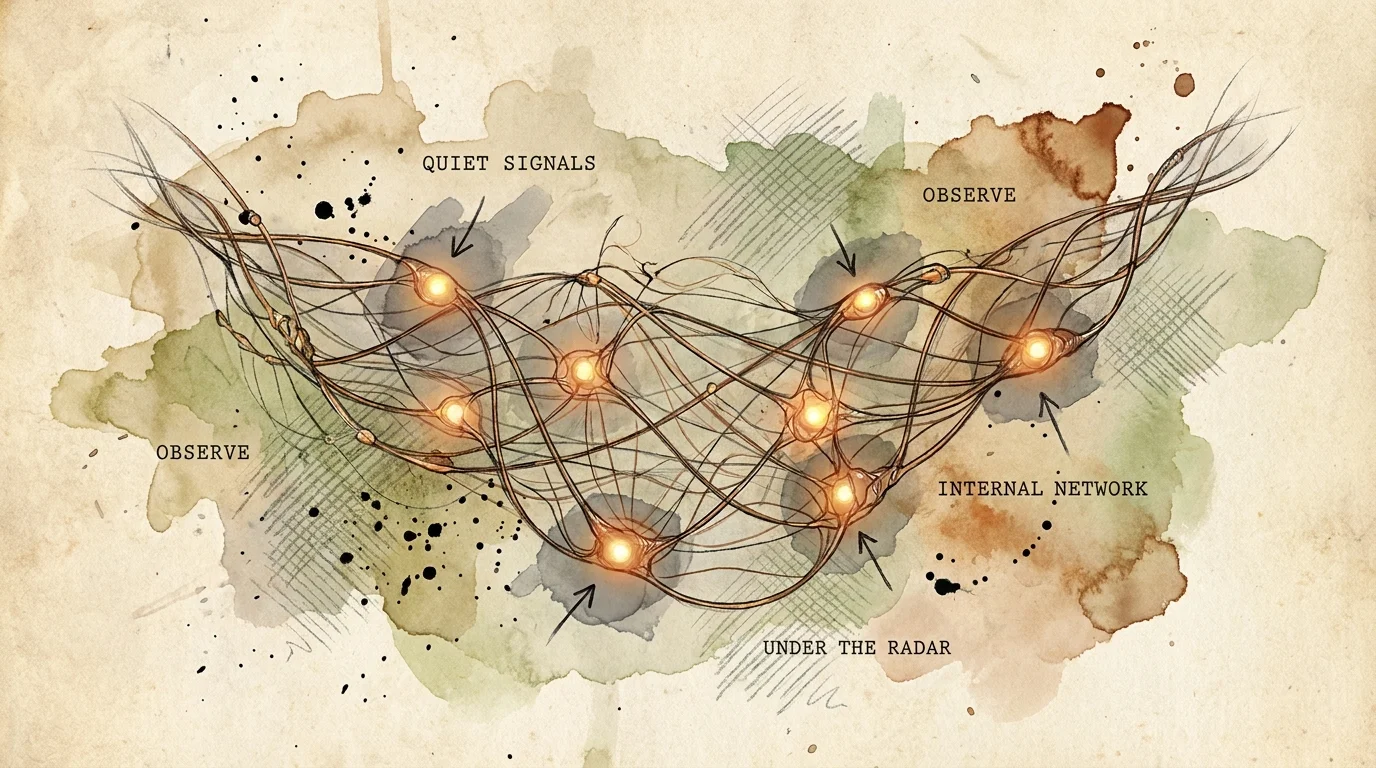 An abstract composition showing an organic shape with seven subtle glowing amber points and faint ink arrows on a textured background.