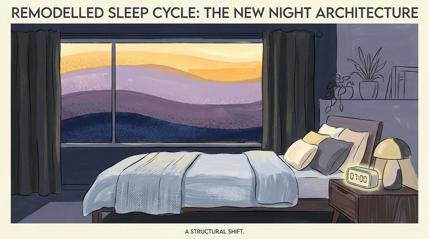 An abstract gouache painting of a peaceful bedroom at night with colorful layers in the window representing sleep cycles.