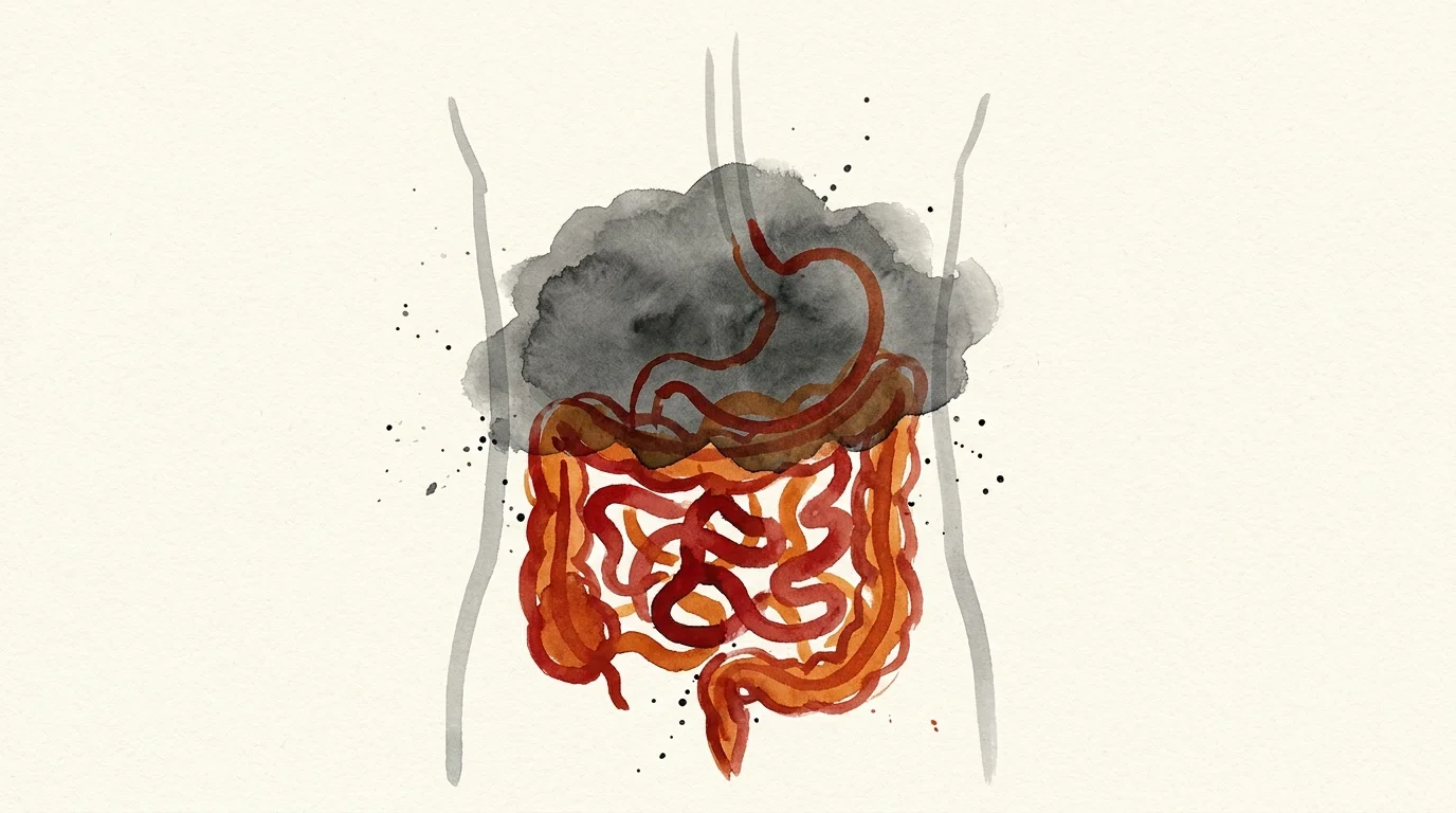 An abstract illustration of a knotted abdomen and a dark cloud, symbolizing vascular-related digestive distress.