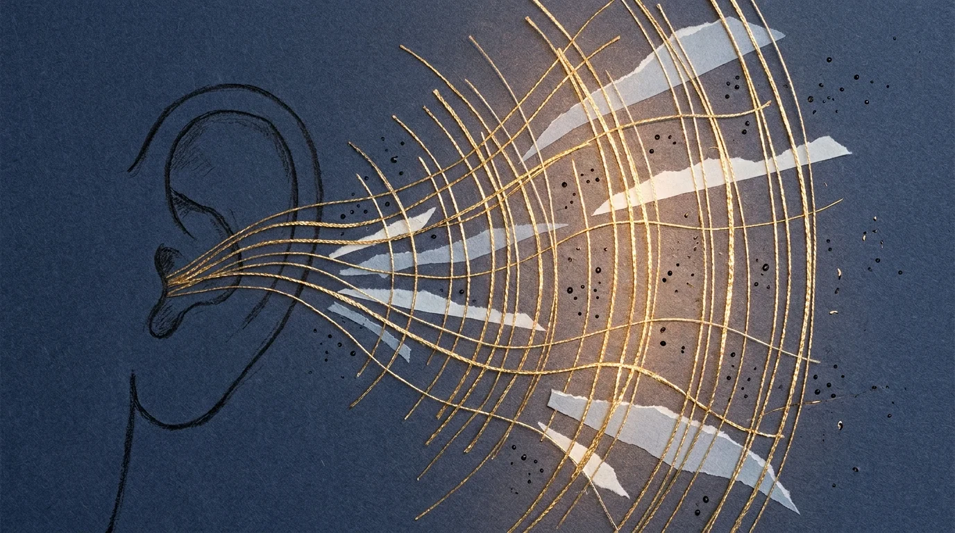 An abstract illustration of an ear with gold threads and concentric circles representing the sensation of ringing.