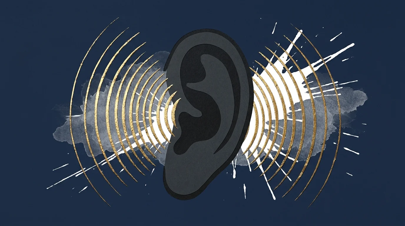 An abstract illustration of an ear with gold vibrating lines and white static patterns against a dark navy background.