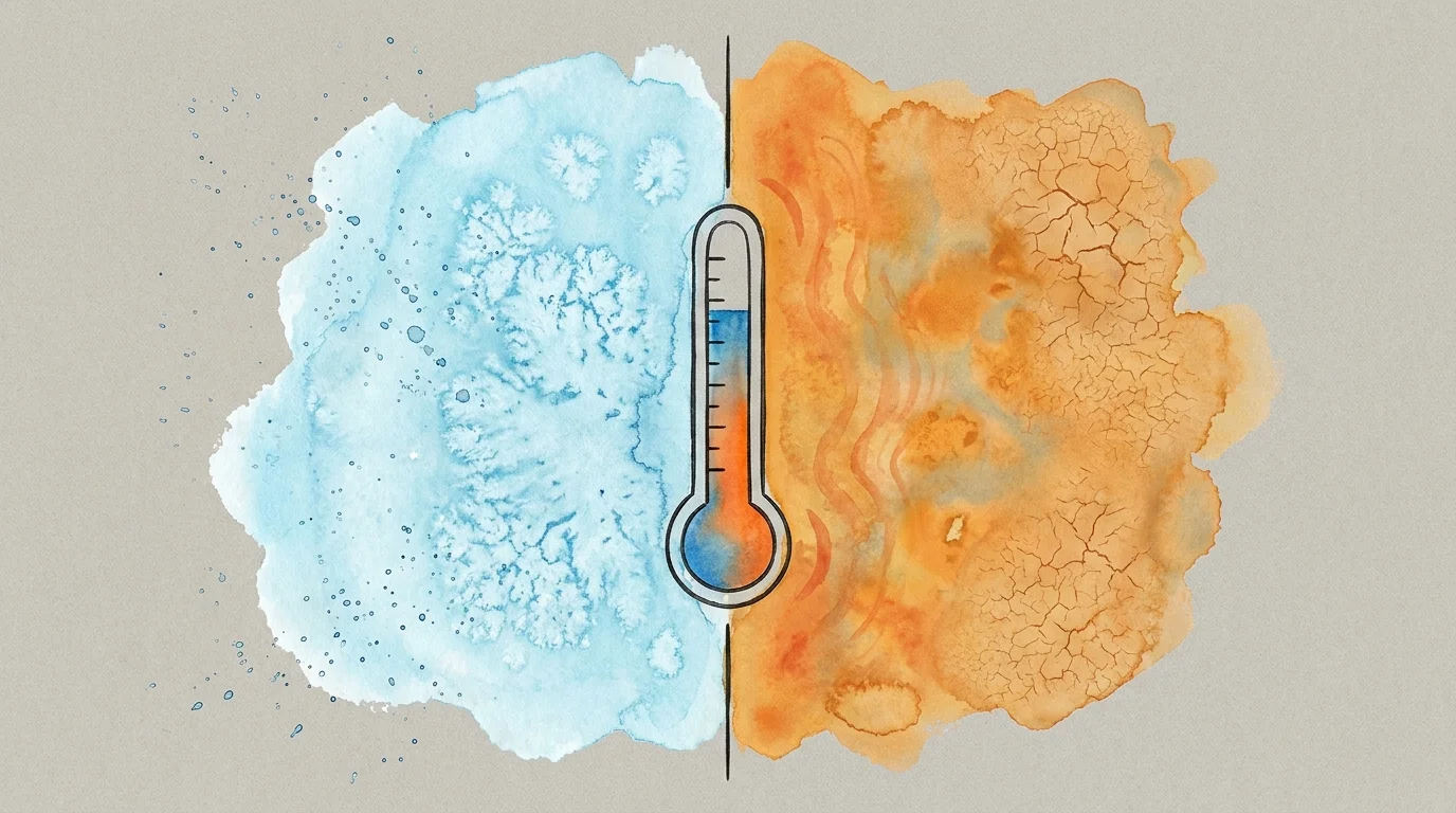 An abstract illustration showing a clash of blue and orange textures with a central thermometer, representing temperature shifts.