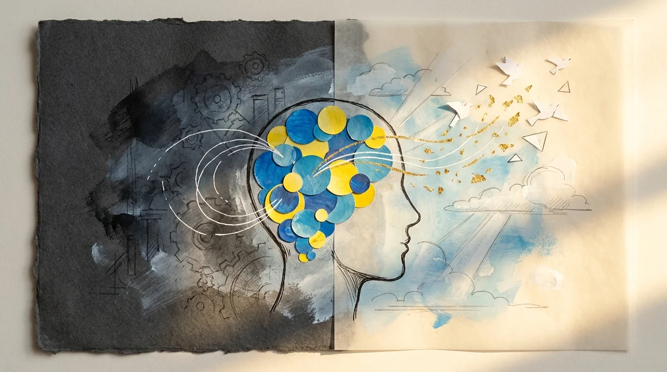An abstract illustration showing a dark silhouette transitioning into a bright, spark-filled space to represent a mindset shift.