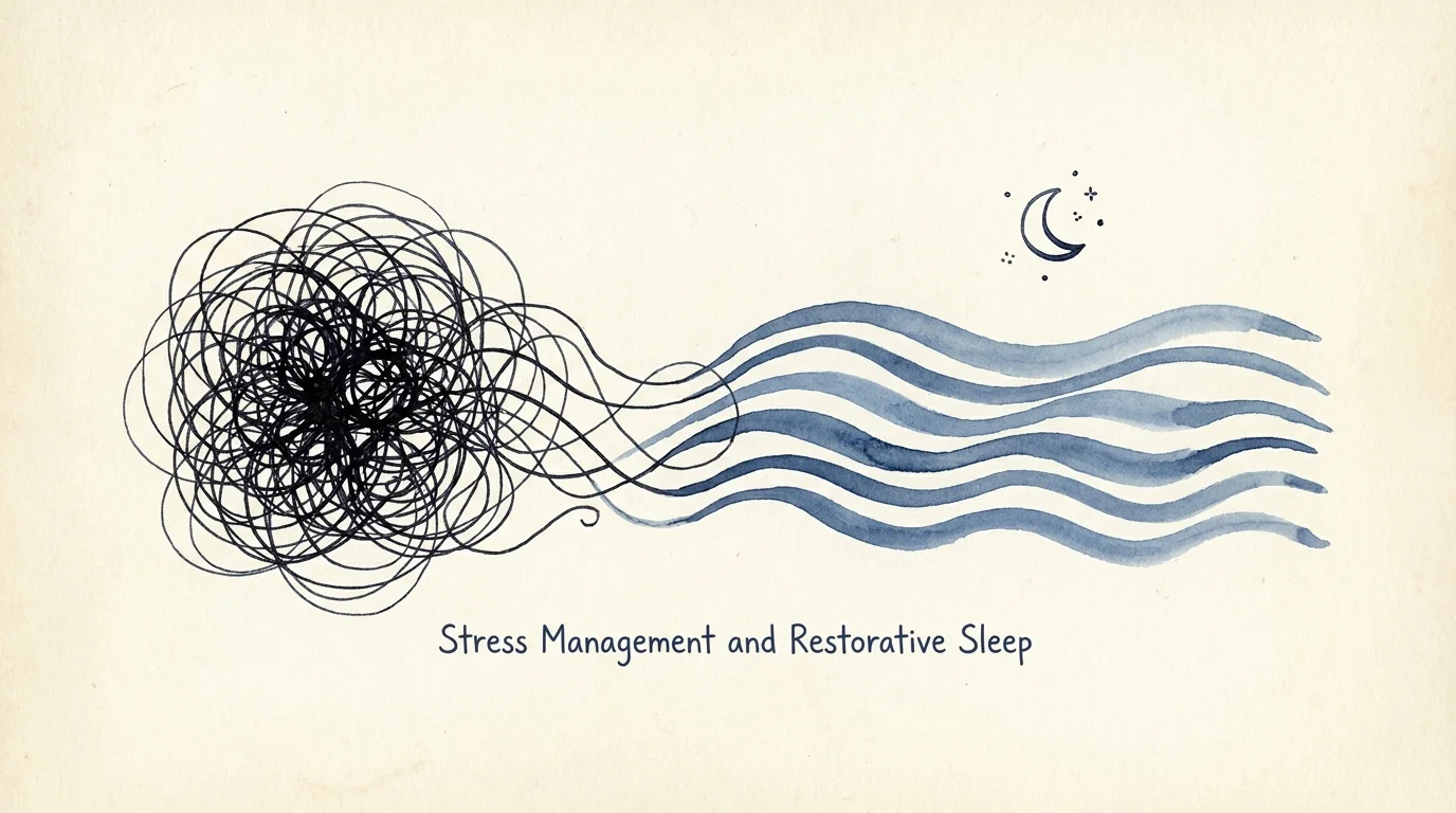 An abstract illustration showing chaotic black lines transforming into calm blue waves under a moon.