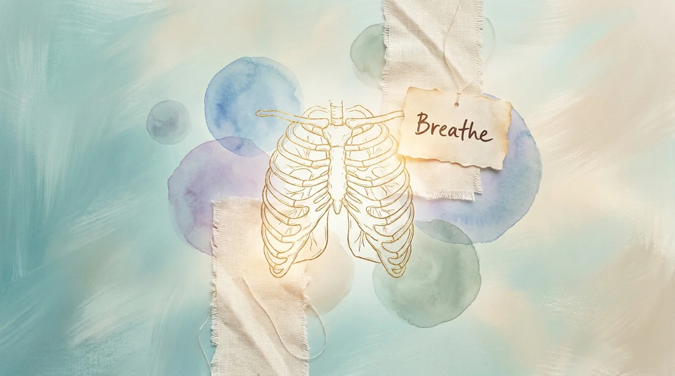 An abstract illustration with soft colors and the word 'Breathe', representing stress management.