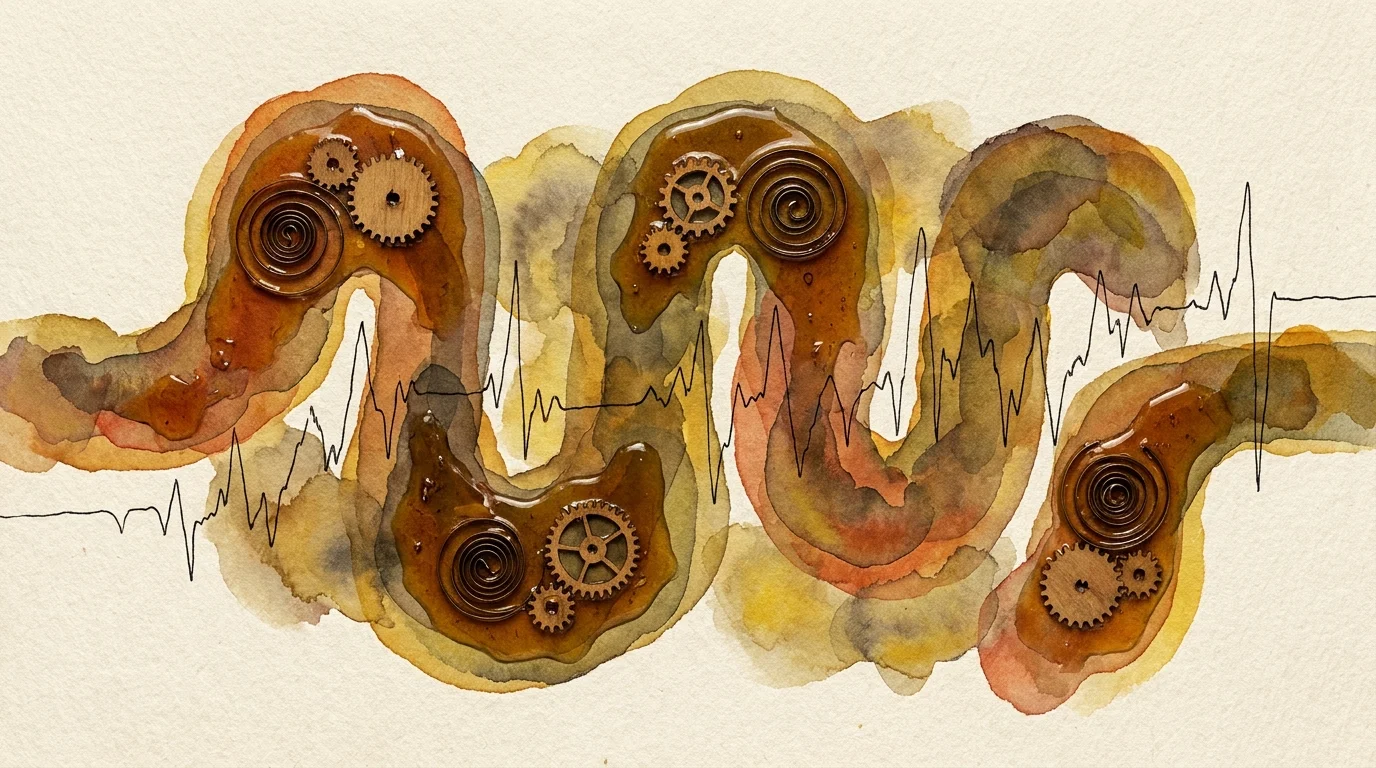 An abstract mixed media piece showing gears stuck in a thick golden liquid, symbolizing digestive sluggishness.