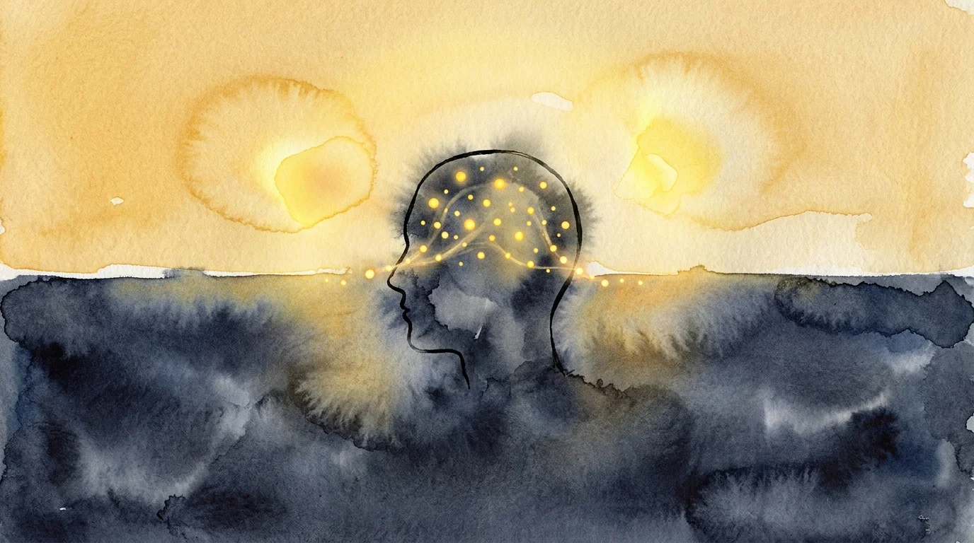 An abstract watercolor painting showing a silhouette between bright yellow and dark blue colors, representing mood swings.