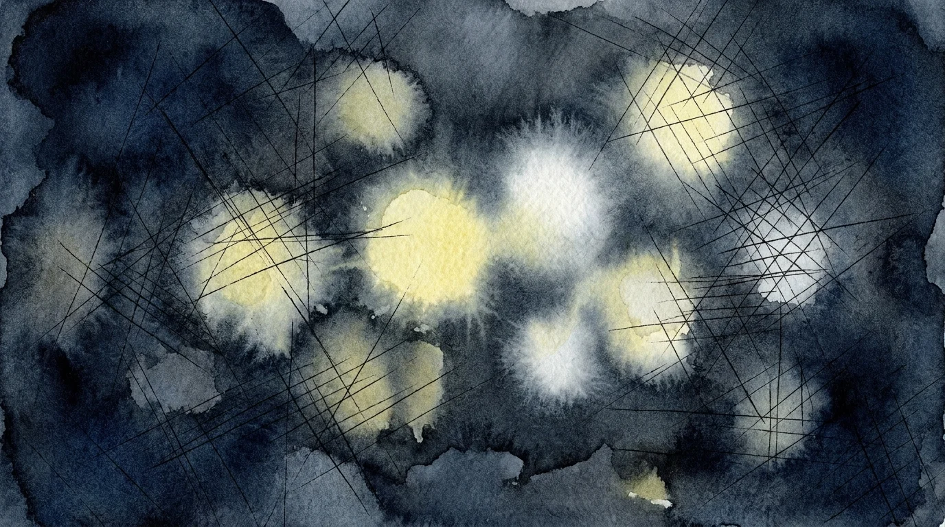 An abstract watercolor painting showing blurry lights against a dark blue background, representing the experience of night blindness.