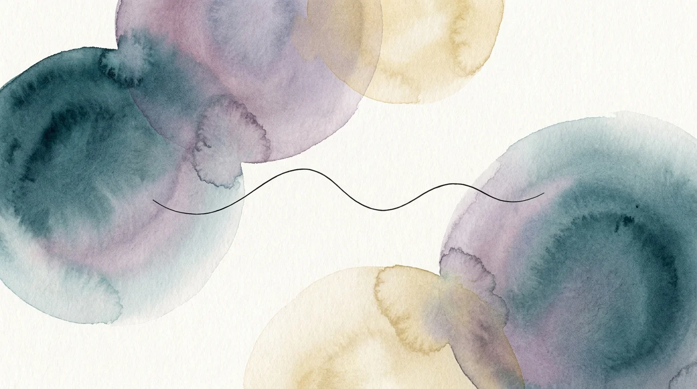 An abstract watercolor painting with soothing blue and purple tones and a single steady line representing a calm mind.