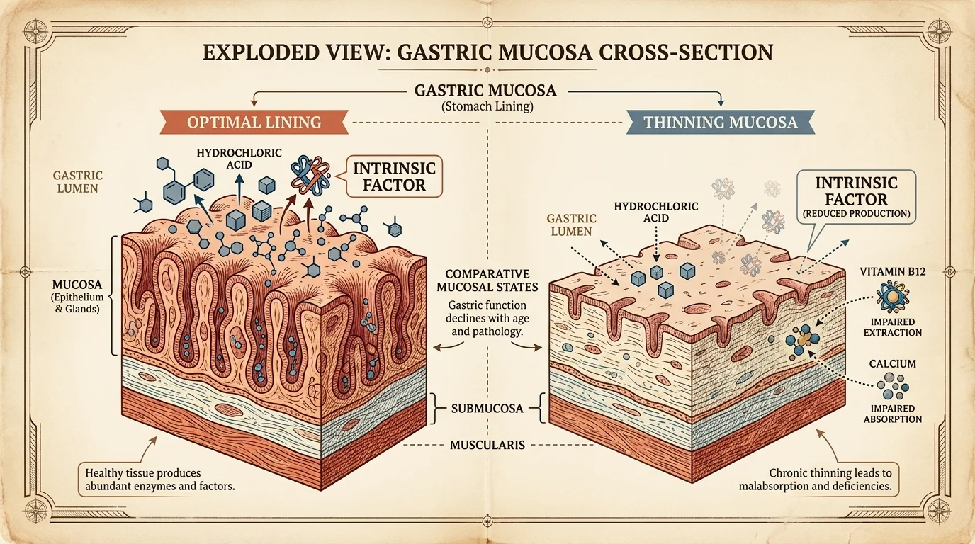 An anatomical diagram comparing a healthy stomach lining to a thinning one, showing the impact on nutrient absorption.