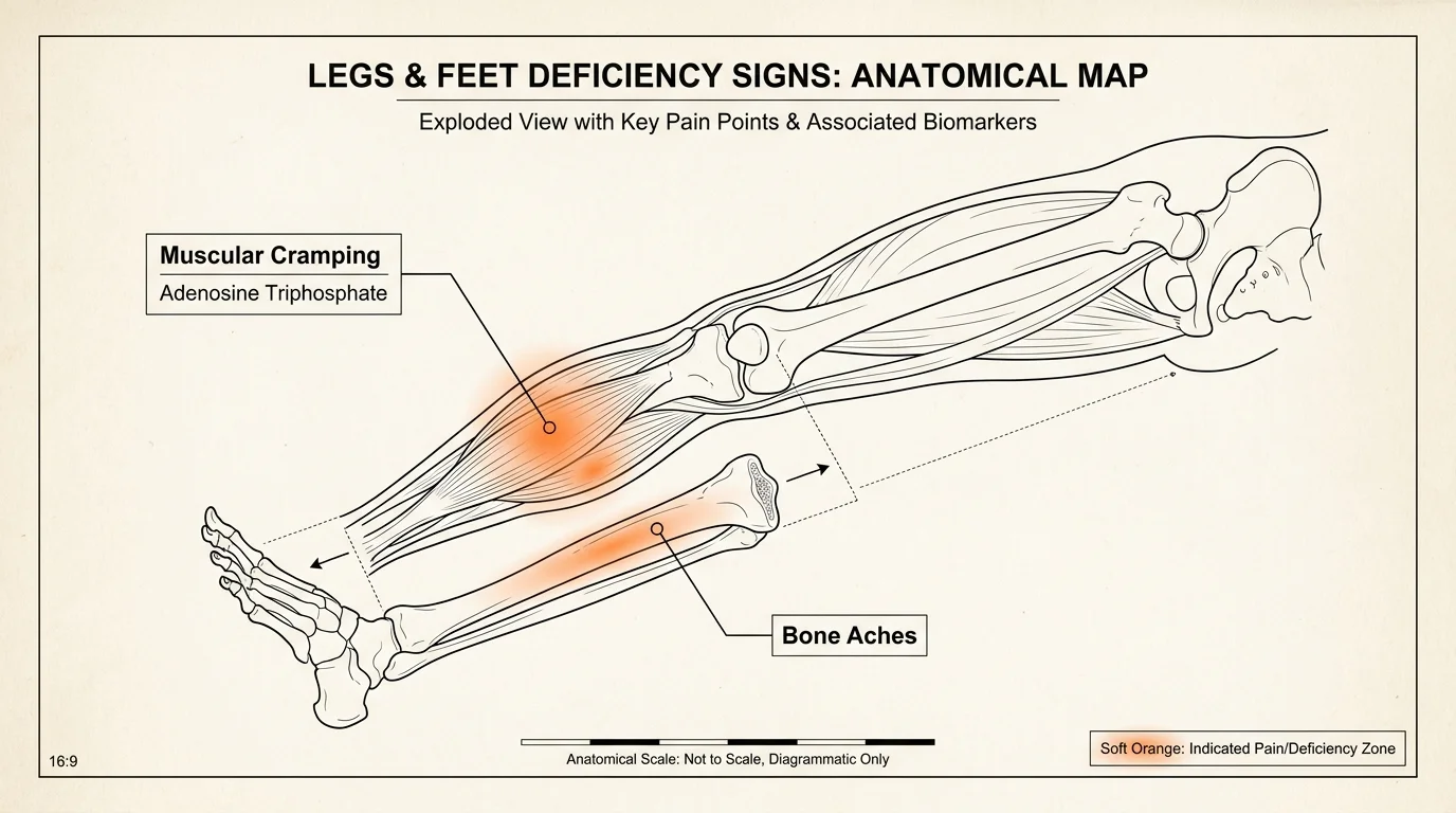 An anatomical diagram of a leg with labels pointing to areas of muscle cramping and bone aches.