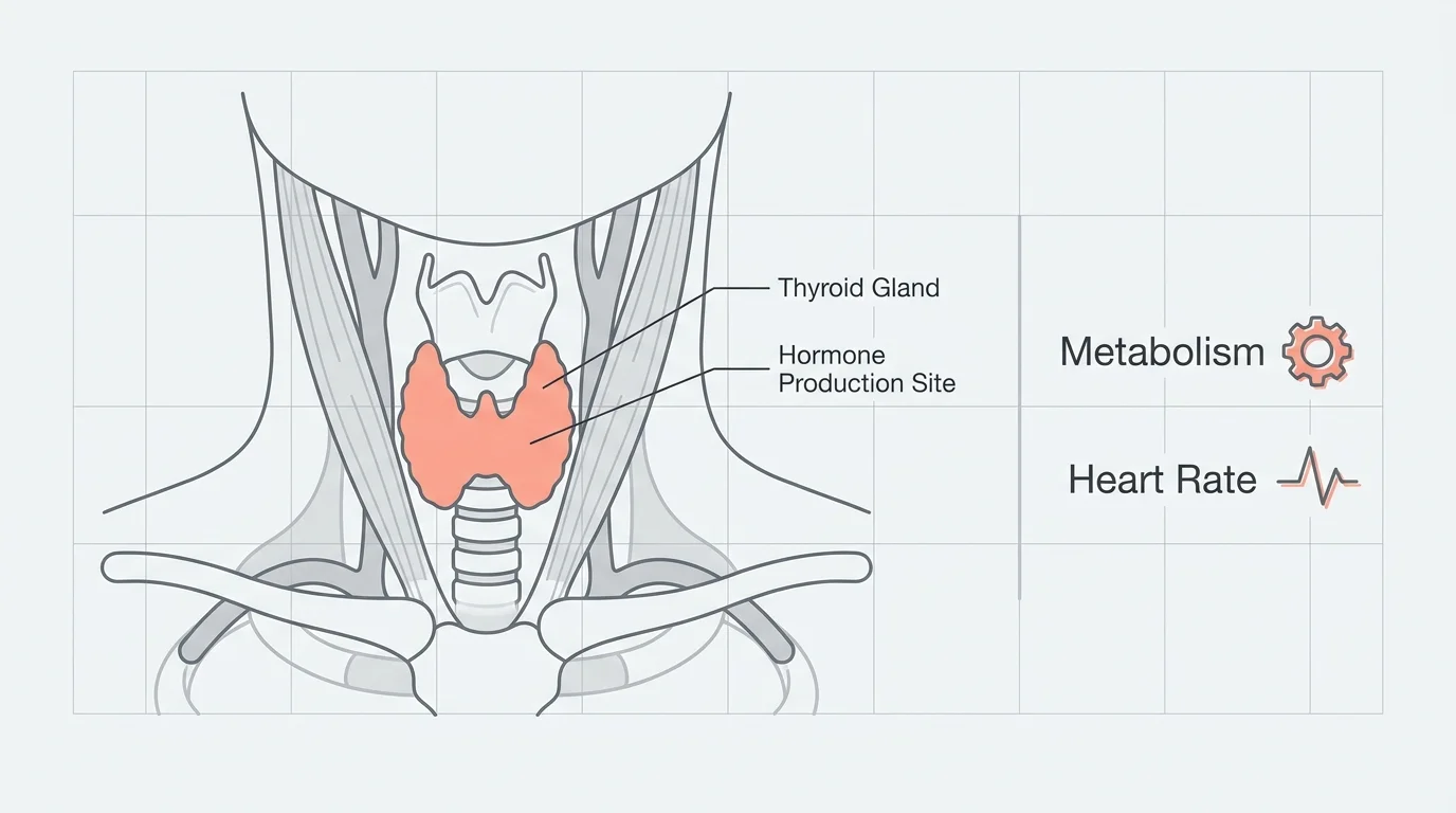 An anatomical diagram of the thyroid gland in the neck, labeled with its roles in regulating metabolism and heart rate.