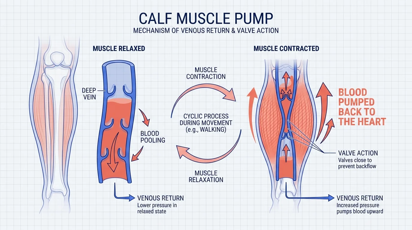An anatomical diagram showing how calf muscle contraction helps pump blood back to the heart.