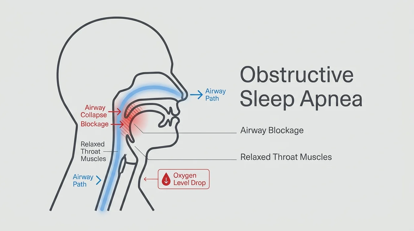 An anatomical diagram showing how relaxed throat muscles can cause an airway blockage during obstructive sleep apnea.