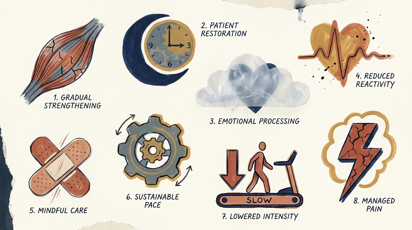 An artistic collage of icons representing different symptoms of slow recovery, such as muscle pain, sleep issues, and brain fog.