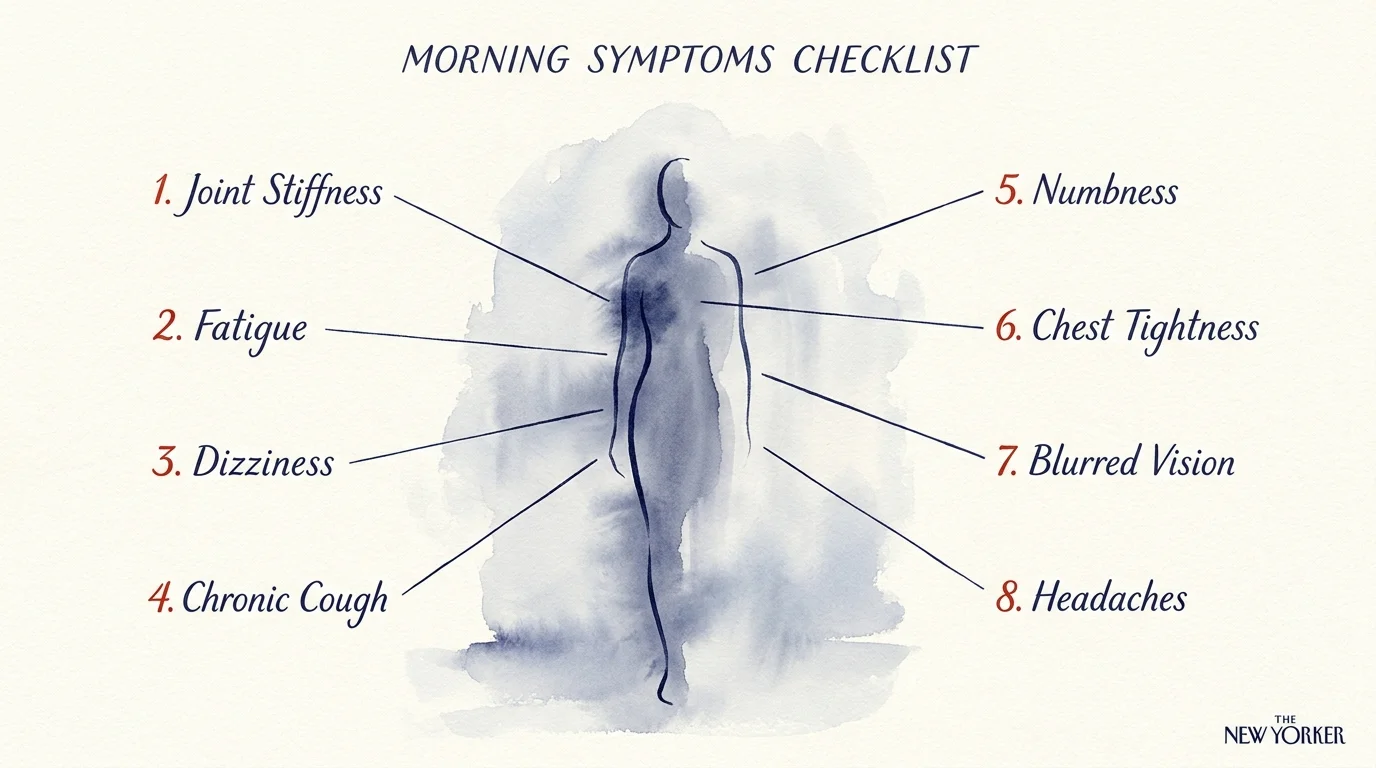 An artistic illustration of a human silhouette with eight labeled morning symptoms to watch out for.