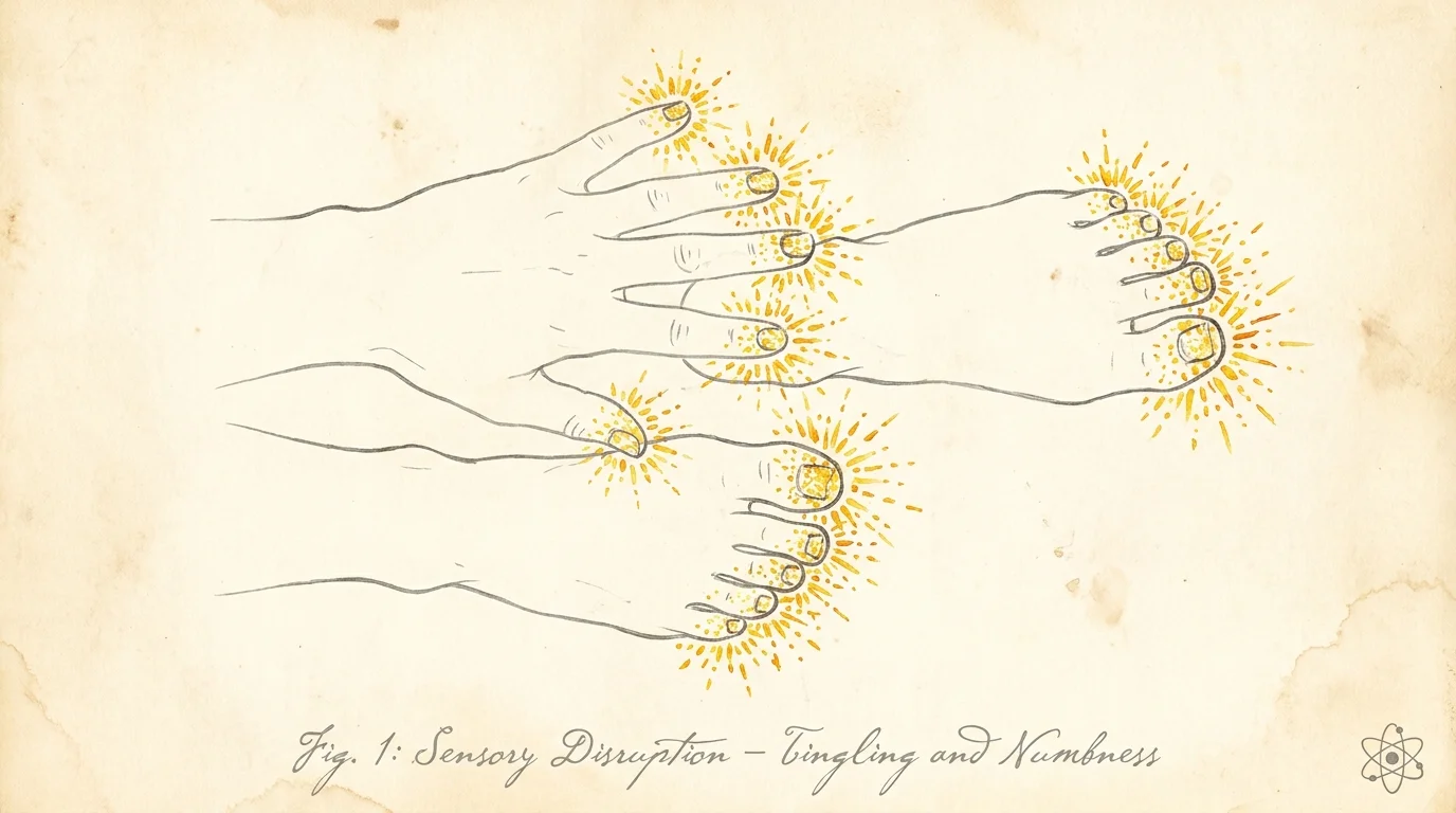 An artistic illustration of hands and feet with orange and yellow sparks representing tingling sensations.