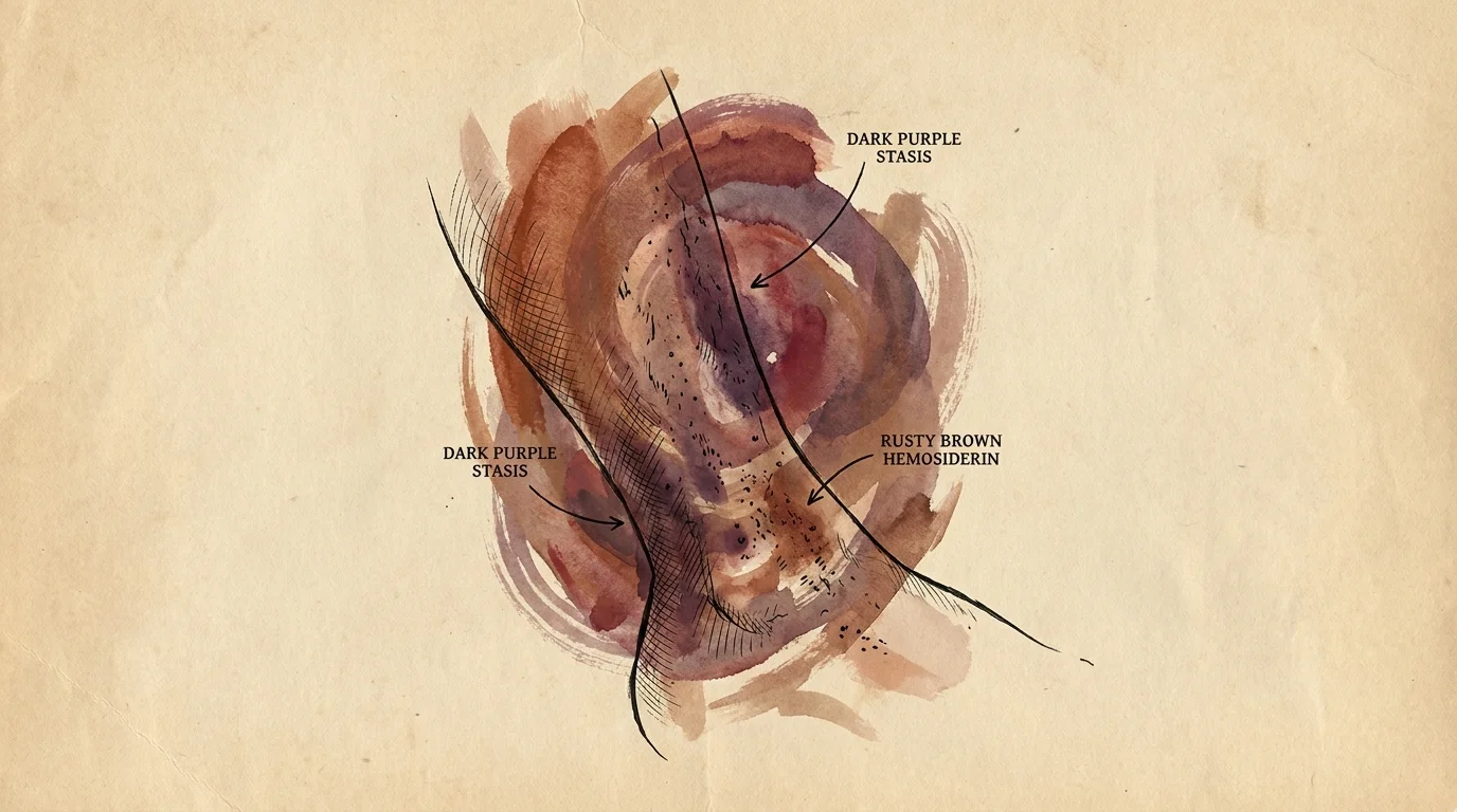 An artistic ink and gouache illustration showing rusty and purple skin discoloration on a lower leg.
