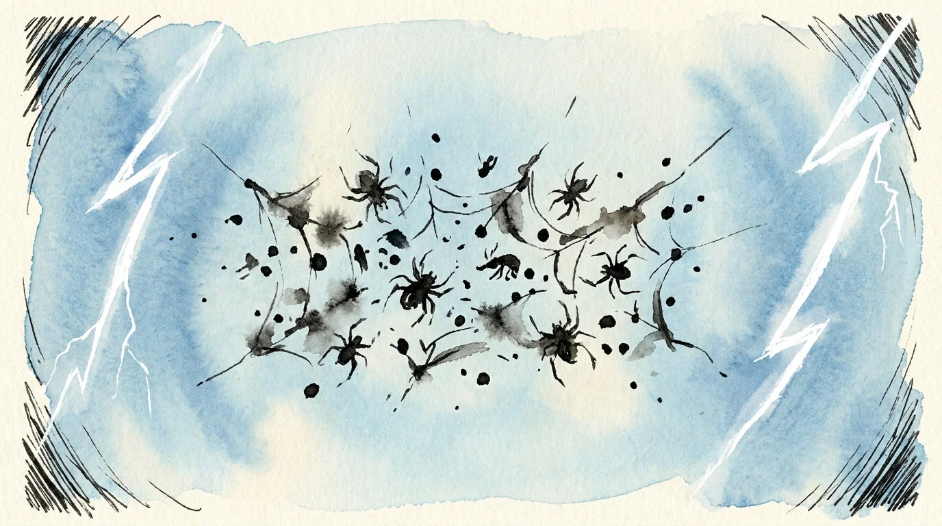 An artistic representation of seeing dark floaters and bright flashes of light in the field of vision.