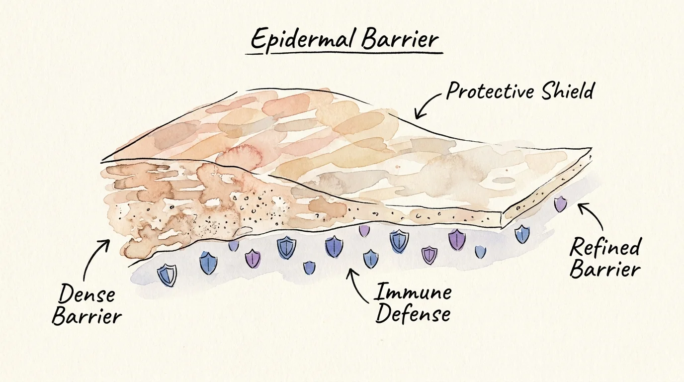 An artistic watercolor cross-section of skin layers showing the protective epidermal barrier and immune cells.