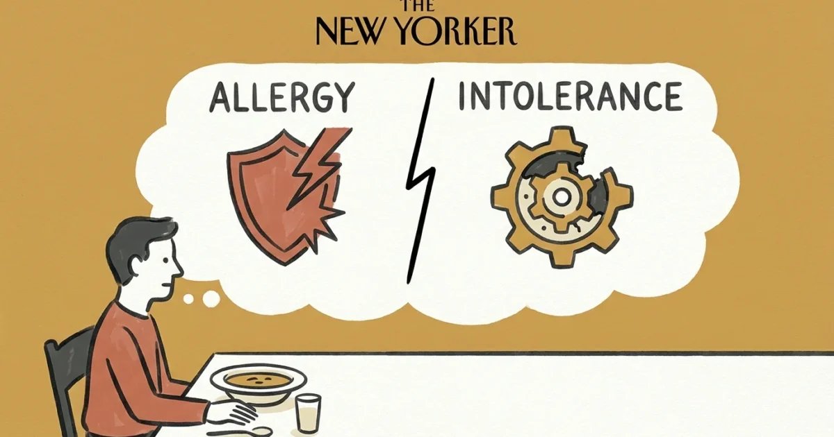 An editorial illustration showing a person at a table with a split thought bubble comparing an 'Allergy' shield to an 'Intolerance' gear.