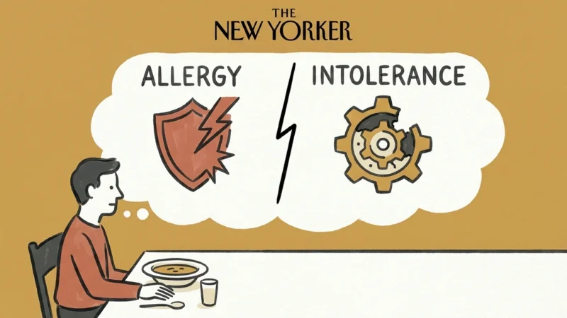 An editorial illustration showing a person at a table with a split thought bubble comparing an 'Allergy' shield to an 'Intolerance' gear.