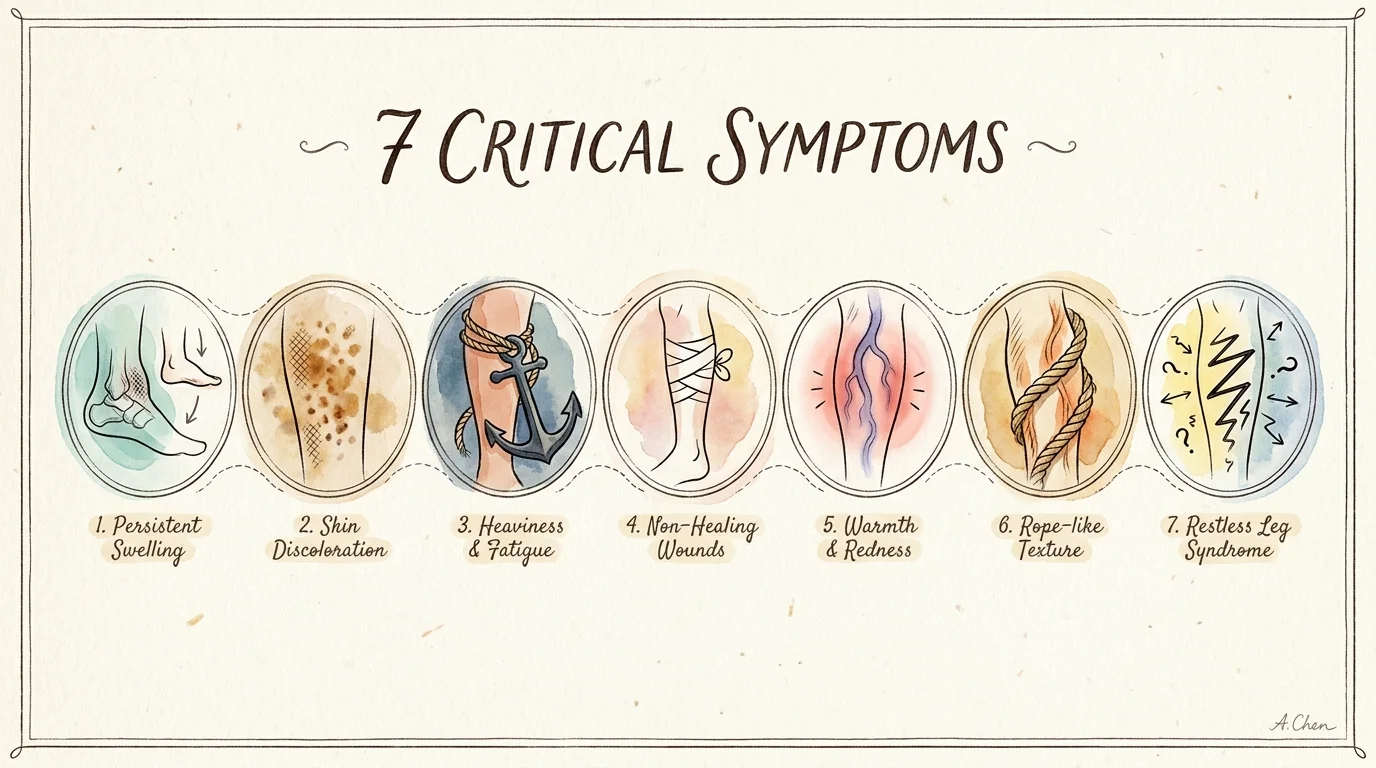 An editorial illustration showing a series of seven vignettes representing different vascular symptoms.