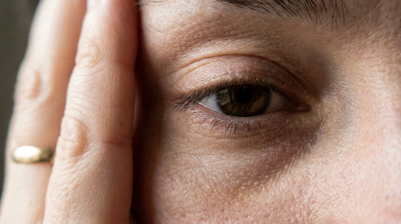 An extreme close-up of an eye with a hand rubbing the temple, illustrating a muscle twitch or eyelid spasm.