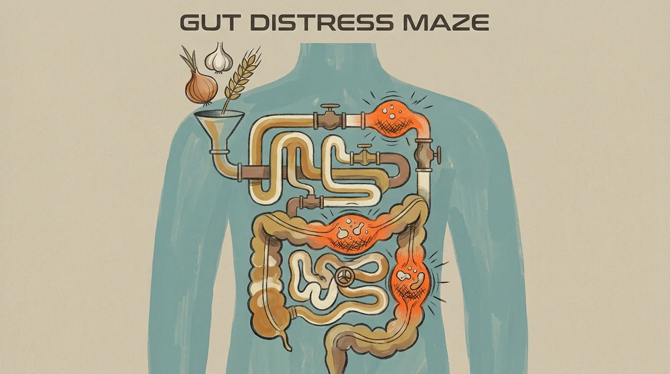 An illustration of a digestive system maze showing bloating and distress caused by FODMAP-containing foods.