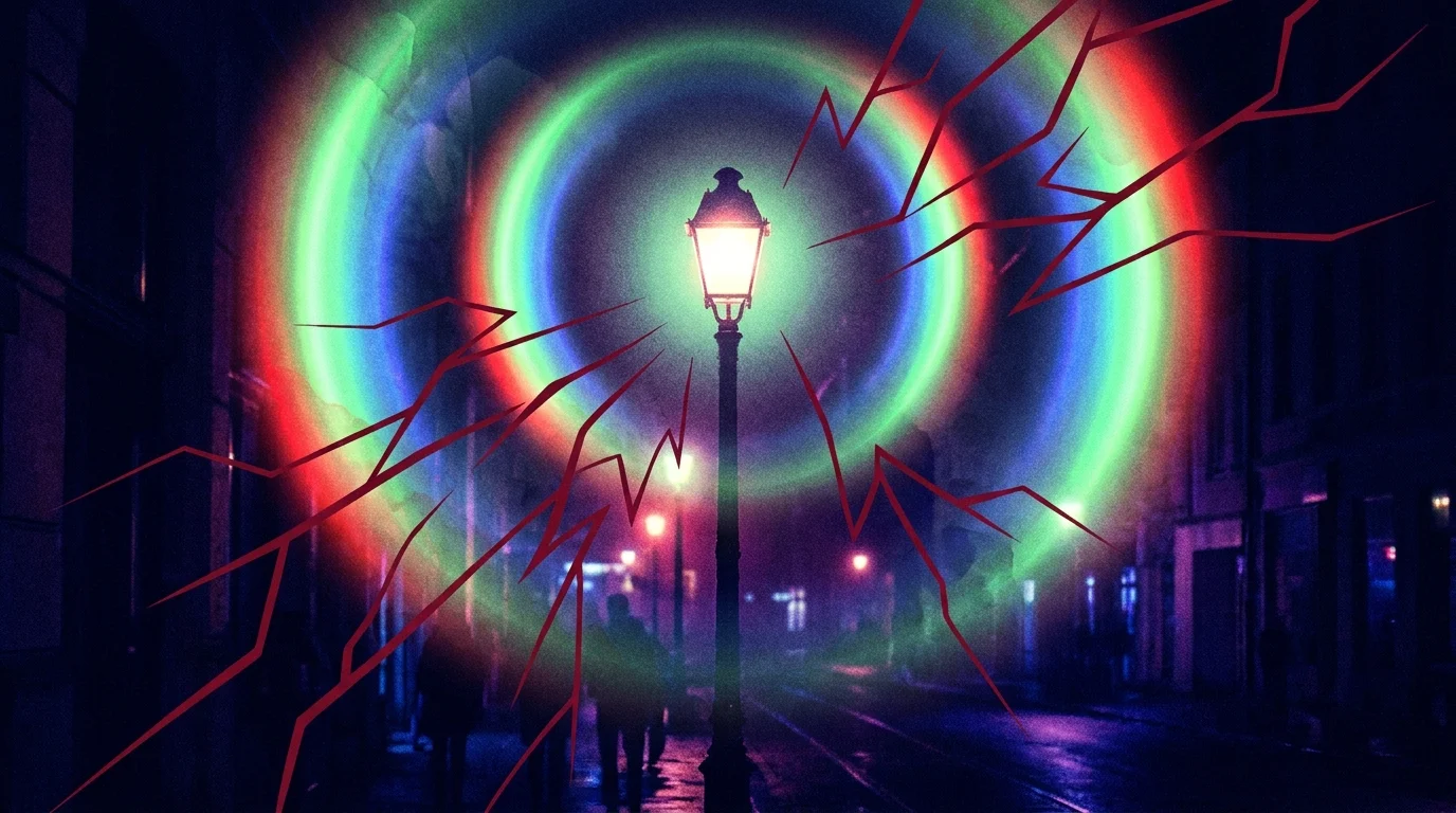 An illustration of a light at night with exaggerated rainbow halos and sharp red lines representing pain.