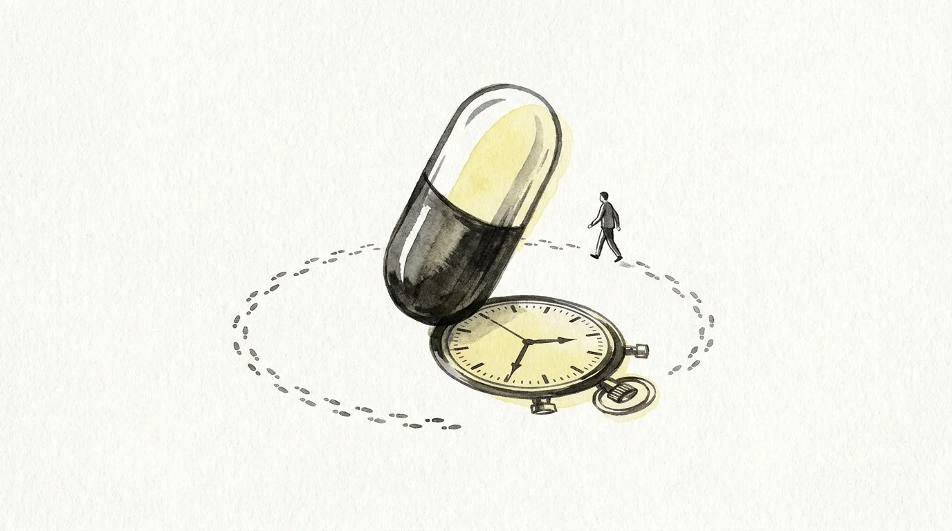 An illustration of a pill with a clock shadow, symbolizing the cycle of medication overuse headaches.