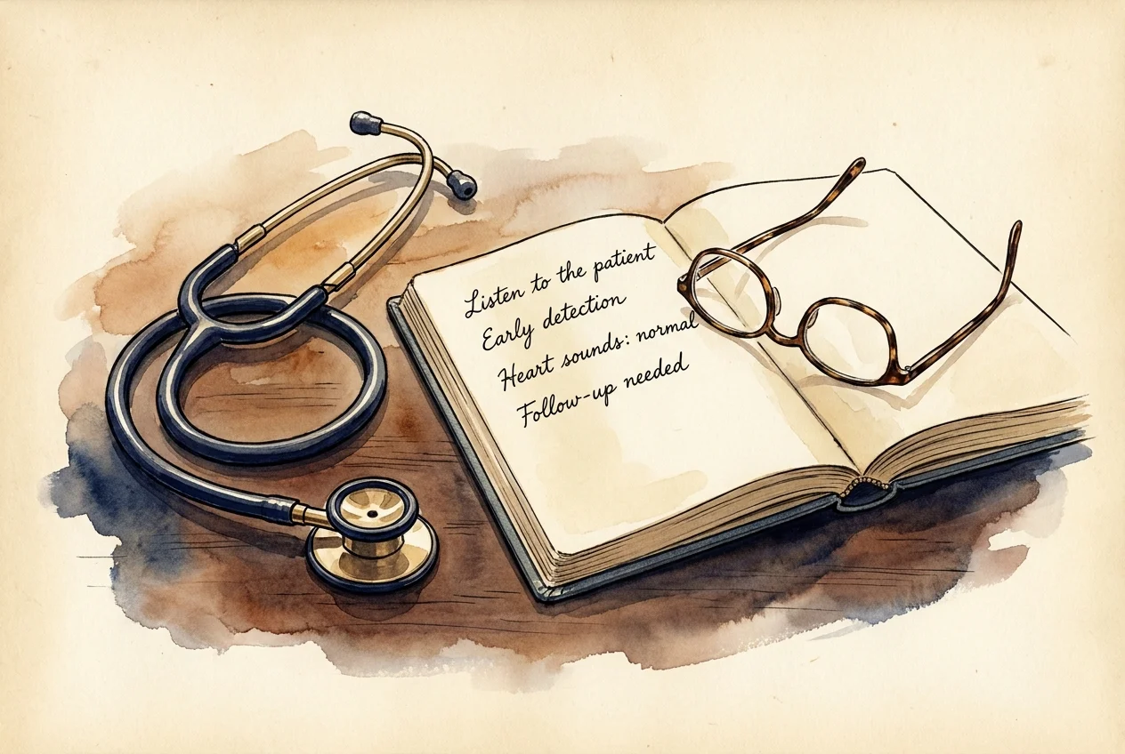 An illustration of a stethoscope and a notebook with clinical notes, representing medical insights.