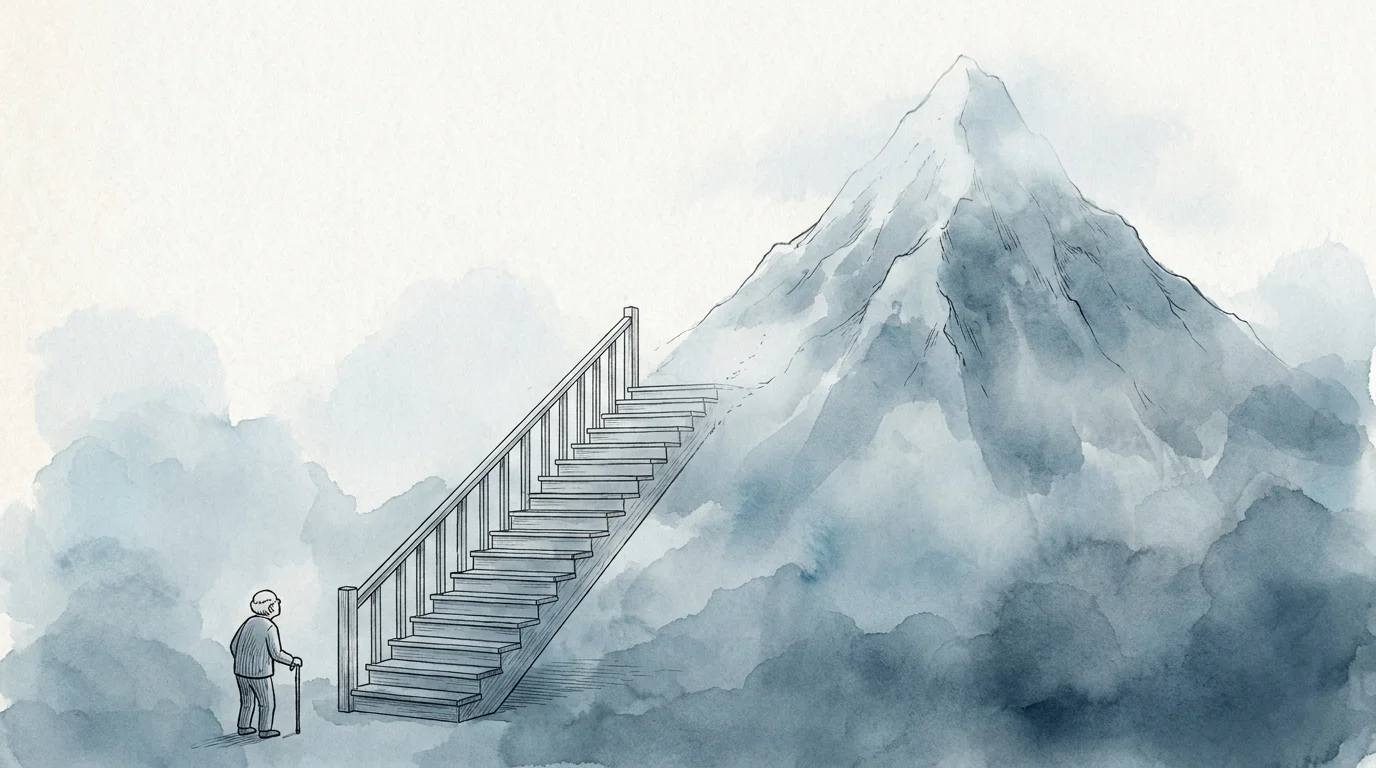 An illustration of indoor stairs transforming into a mountain, symbolizing the difficulty of breathlessness.