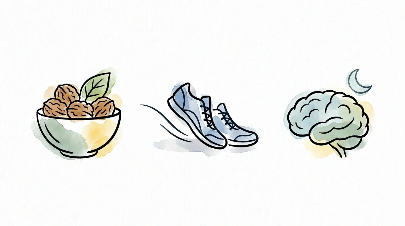 An illustration of three icons: a bowl of healthy food, a pair of walking shoes, and a calm mind, representing health strategy pillars.