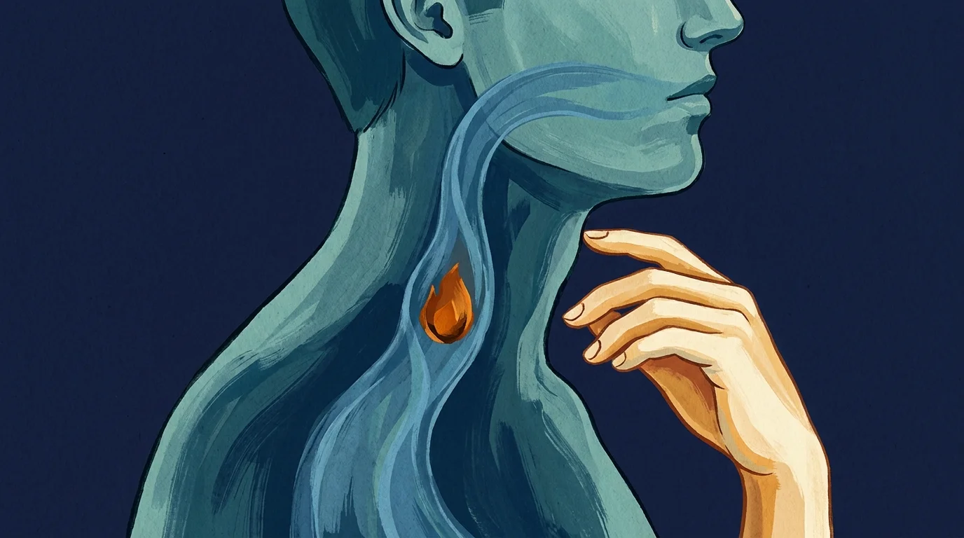 An illustration showing a glowing orange heat in the throat area to represent the sensation of acid reflux.