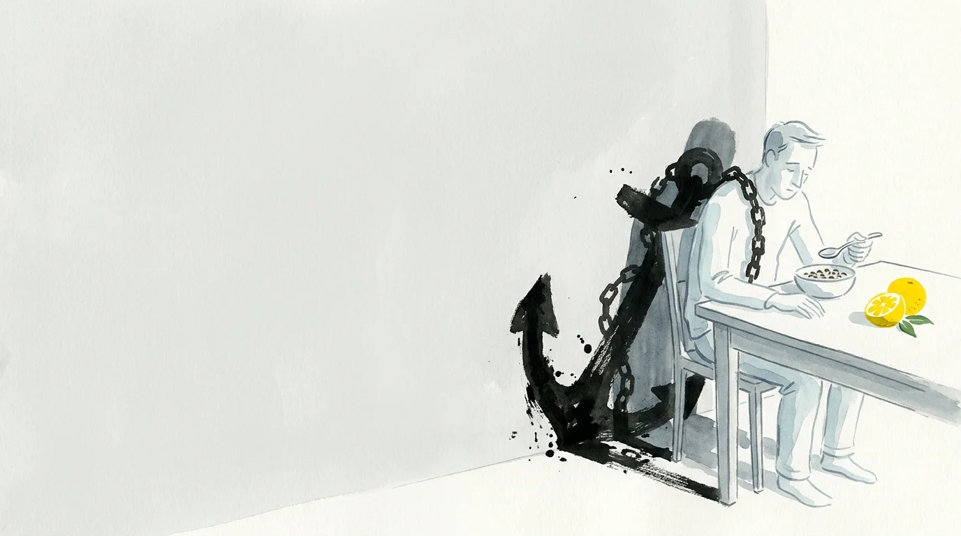 An illustration showing a person at breakfast with a heavy anchor-shaped shadow, symbolizing crushing fatigue.