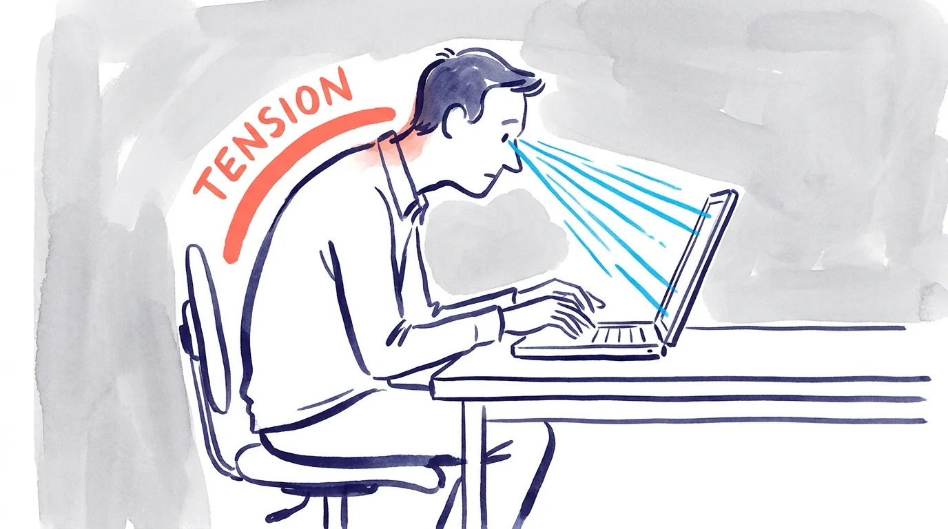 An illustration showing a person slouching at a laptop with blue light and neck tension highlighted as headache triggers.