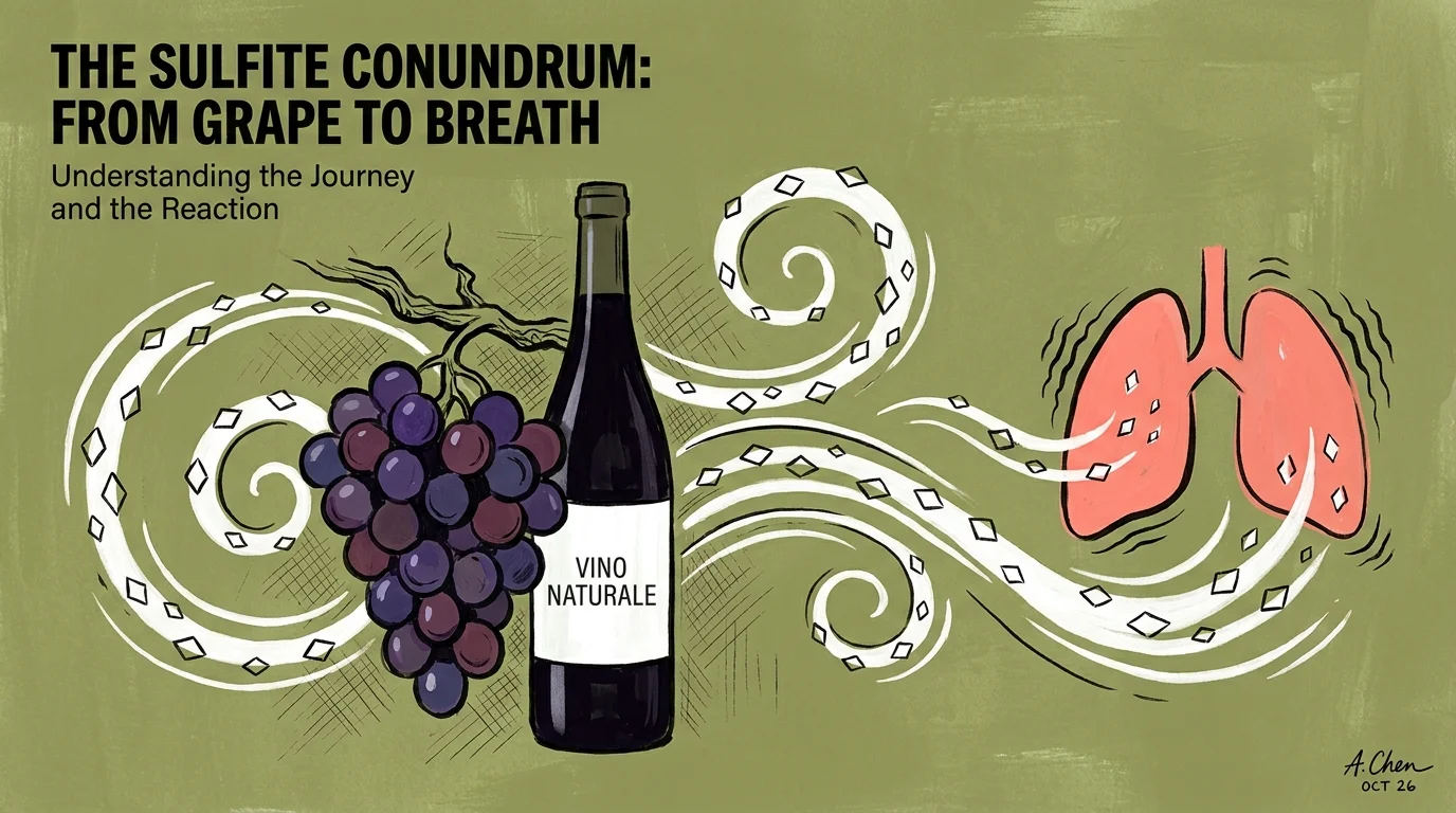 An illustration showing sulfite molecules from grapes and wine interacting with a set of lungs to represent wheezing.