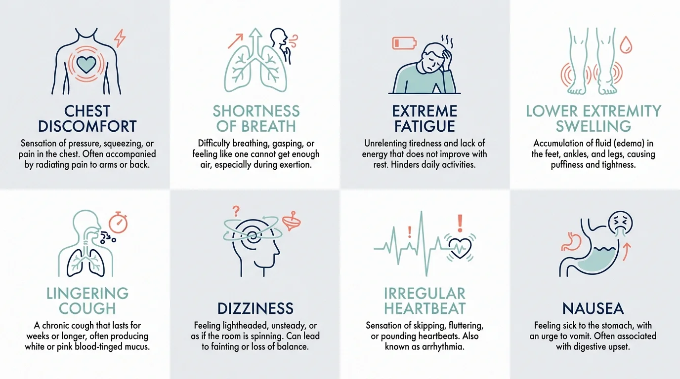 An infographic grid showing 8 symptoms of heart trouble, including chest pain, fatigue, and dizziness.