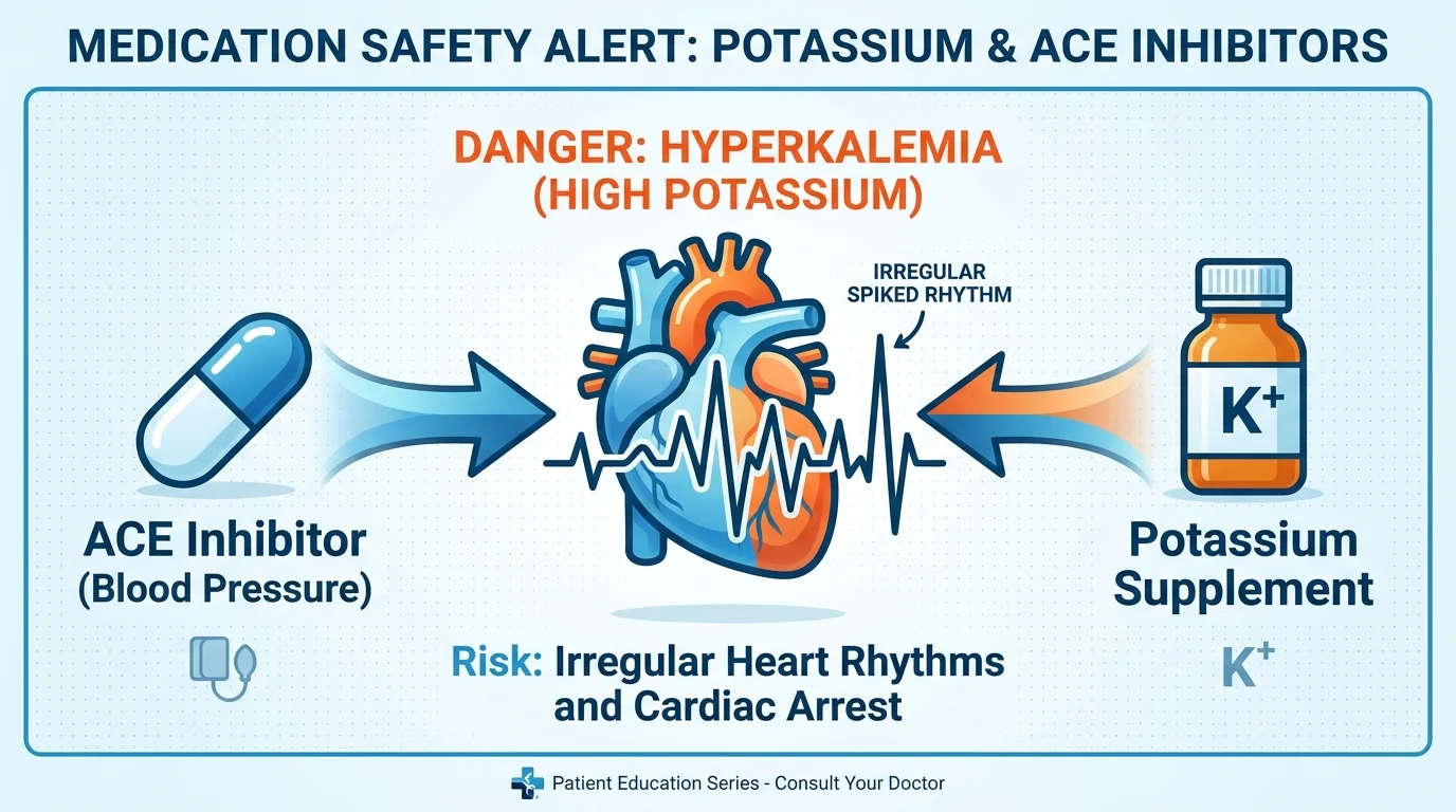 An infographic illustrating how ACE inhibitors and potassium supplements can cause dangerous heart rhythms.