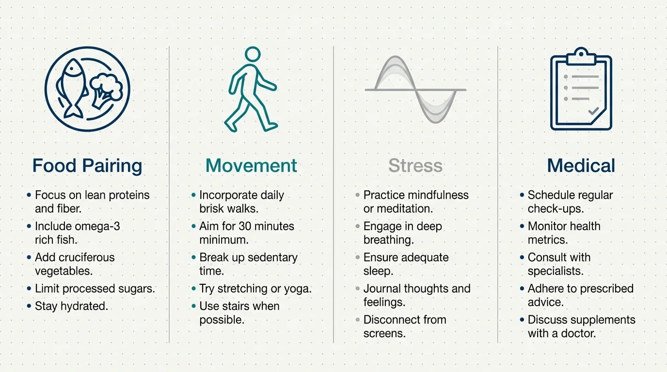 An infographic layout with four columns: Food Pairing, Movement, Stress Management, and Medical Care.