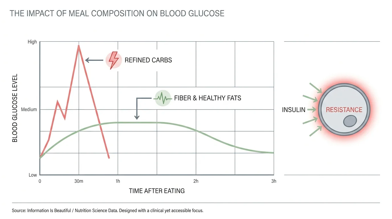 An infographic showing a sharp red spike for refined carbs versus a steady green line for fiber-rich foods on a blood sugar graph.