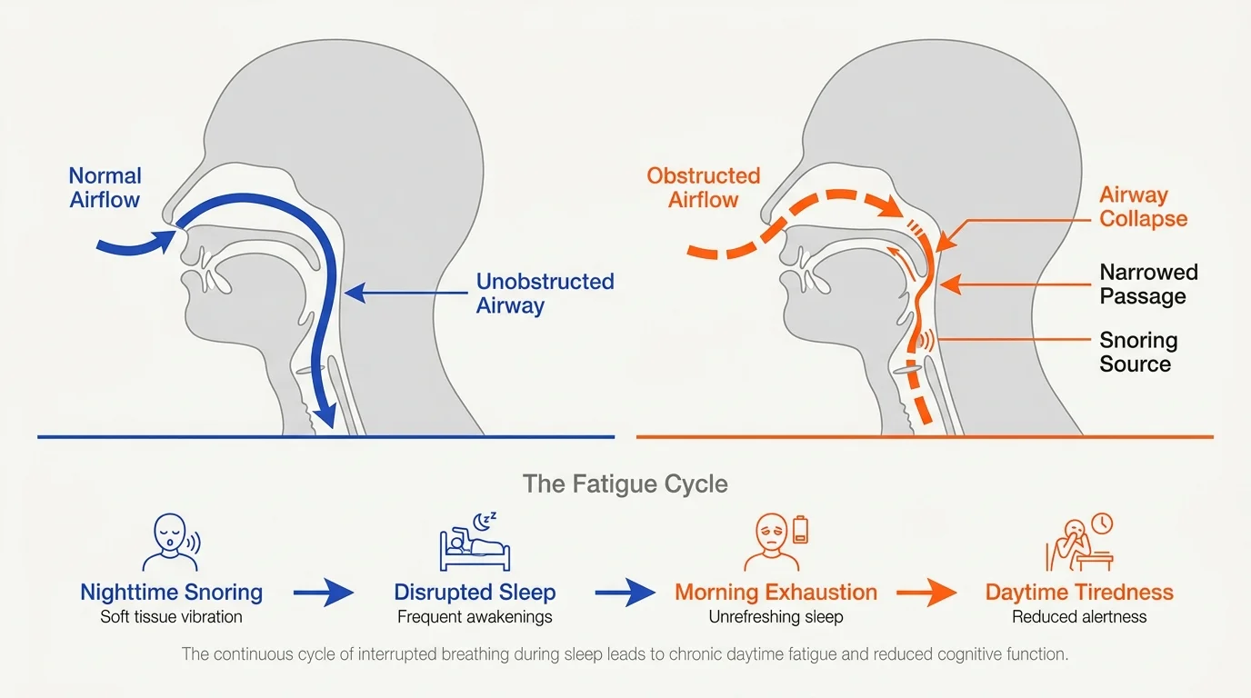 An infographic showing a side-by-side comparison of a clear airway versus a collapsed airway during snoring.