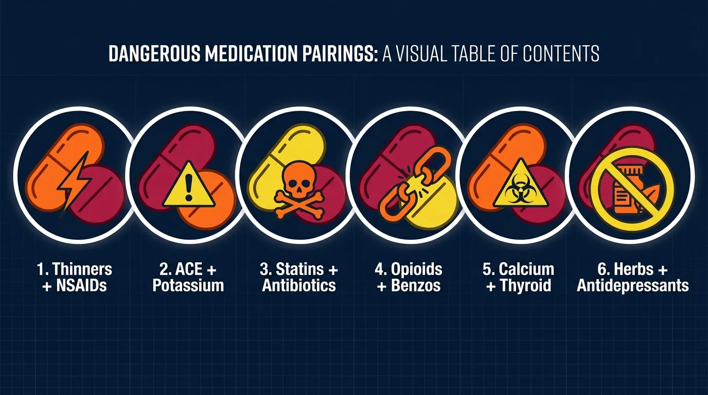 An infographic showing six warning icons for common dangerous drug combinations for seniors.