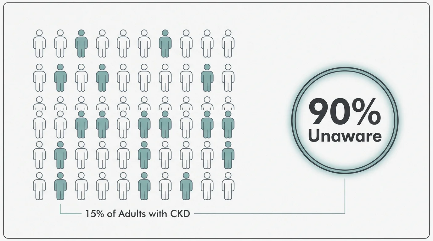 An infographic showing that 15 percent of adults have chronic kidney disease, while 90 percent are unaware of it.