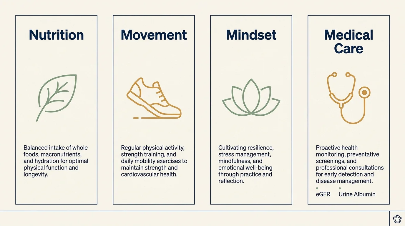 An infographic showing the four pillars of kidney health: Nutrition, Movement, Mindset, and Medical Care.