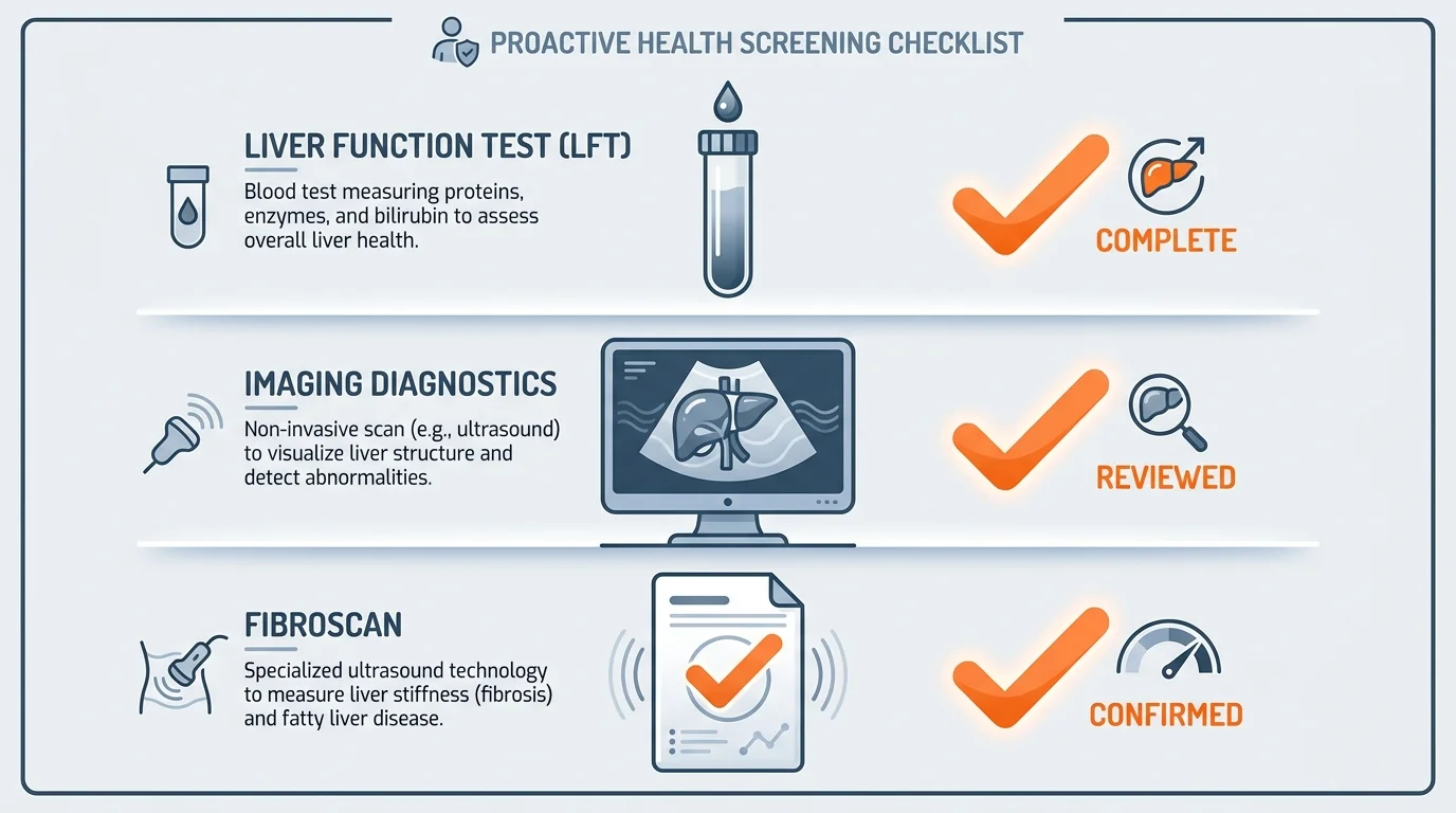 An infographic showing three panels for 'Liver Function Test (LFT)', 'Imaging Diagnostics', and 'FibroScan' with checkmarks.